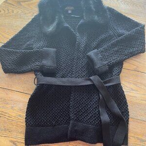 DANA BUCHMAN crochet tie cardigan sweater/removable fur collar/M